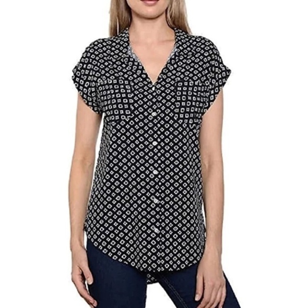 JACHS Girlfriend Blouse Womens XL Black White Geometric Button Front Collar